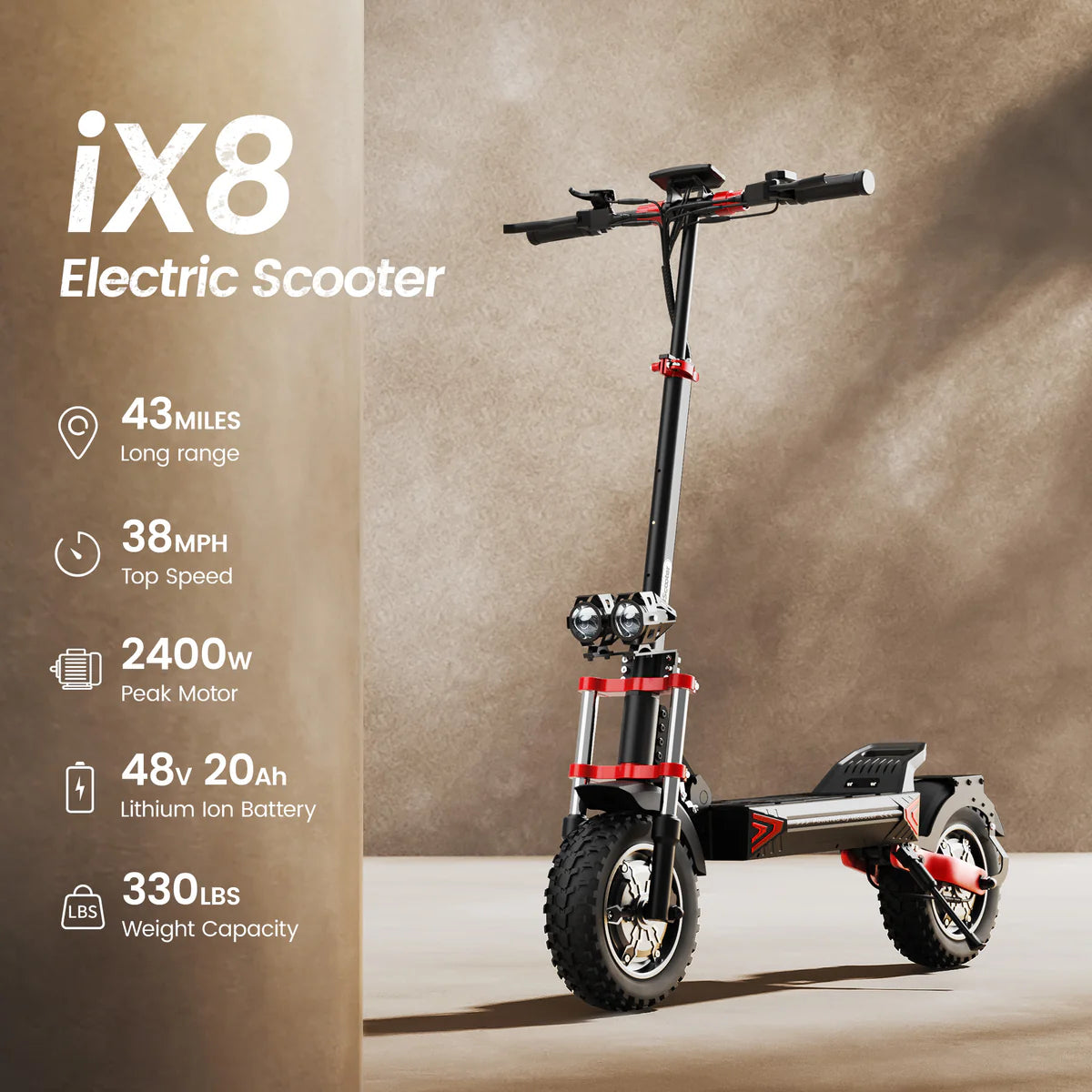 iScooter iX8 Off-Road Tires Electric Scooter for Adults 2400W Dual Motor Up to 38MPH